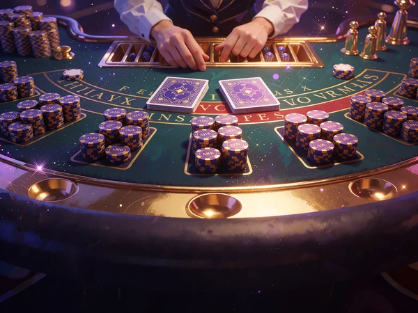 Zielony st&oacute;ł blackjacka z dwiema zakrytymi kartami i stosami fioletowych oraz złotych żeton&oacute;w - blackjack na żywo