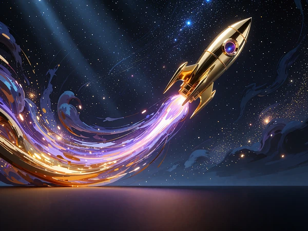 Złota rakieta wznosi się stromo, zostawiając fioletowo-złoty ślad spalin na gwiaździstym niebie - gra crash