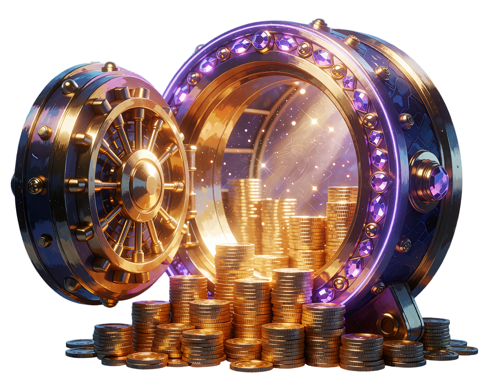 Ciężkie okrągłe drzwi złotego skarbca z fioletowymi klejnotami, uchylone, ze złotym światłem - bonus High Roller 200%